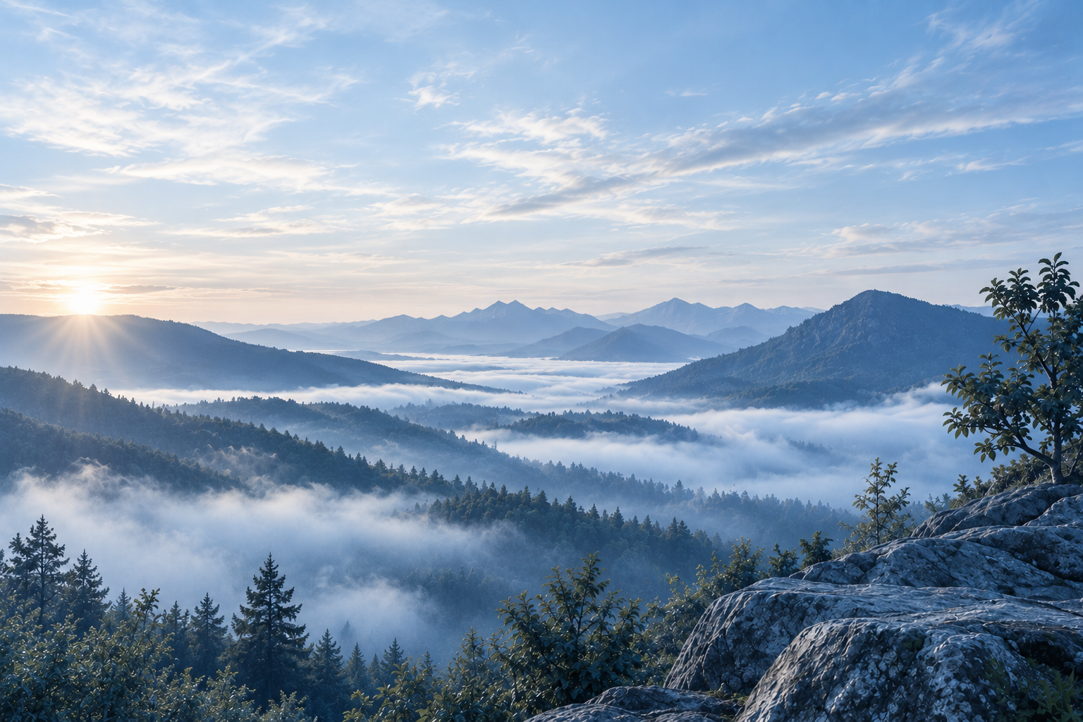 Mountain range above the clouds at sunrise